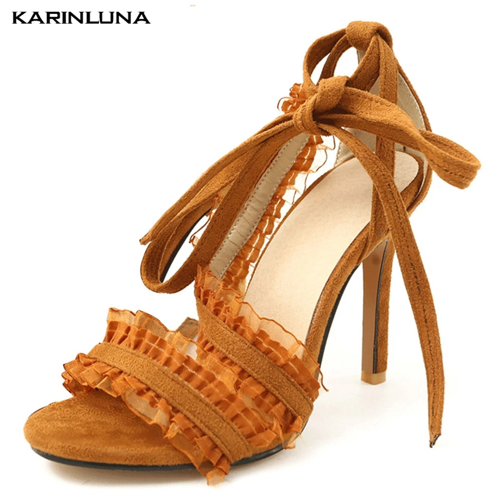 

Karinluna Fashion Women Shoes Big Size 32-43 Ankle-Wrap High Heels Gladiator Sweet Ruffles Party Summer Sandals