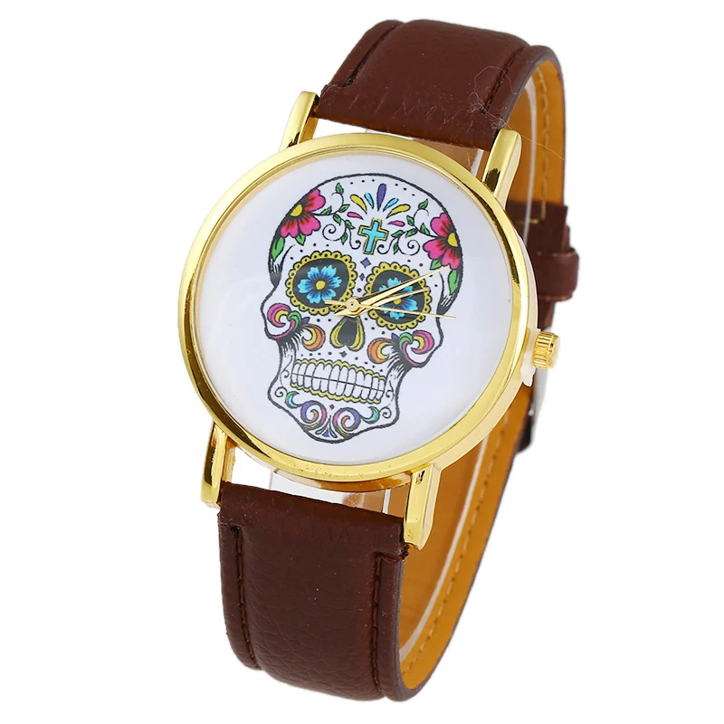 Топ череп женские часы мексиканской Катрина цветами Крест искусственная кожа наручные часы для девочек Модные Винтажные повседневные Женева Стиль Reloj A708 - Цвет: Коричневый