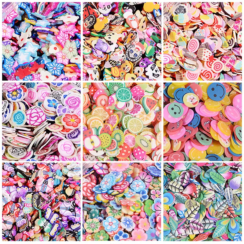 

1000pcs/Bag 3D Tiny Cute Nails Art Accessories Star/Cartoon/Flower/Fruit/Feather Fimo Slices Slicing Nail Decorations