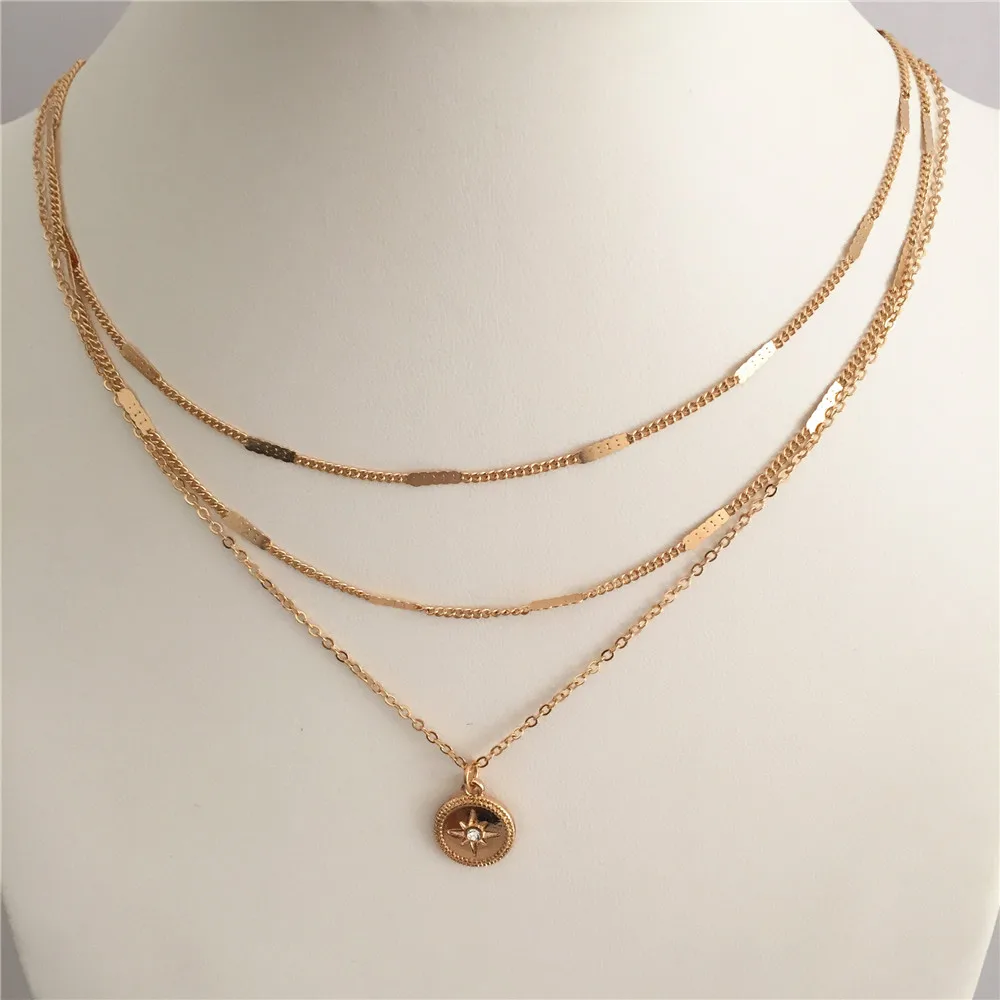 

CASUAL GOLD COLOR PLATING ROUND DISC WITH CLEAR STONE PENDANT LAYERED NECKLACE