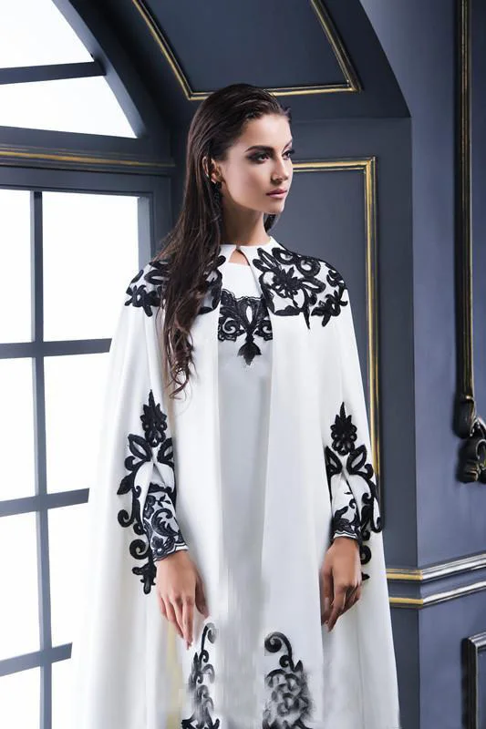 White Evening Dresses With Satin Black Lace Applique And Cape Long Sleeves Jewel Neck Formal Long Prom Dresses Party Gown