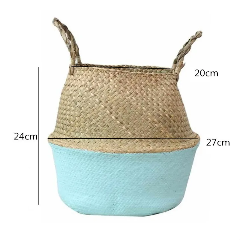 Garden Plant Flower Pot Handmade Rattan Storage Basket Foldable Seagrass Straw Hanging Woven Handle Toy Storage Container 1Pc