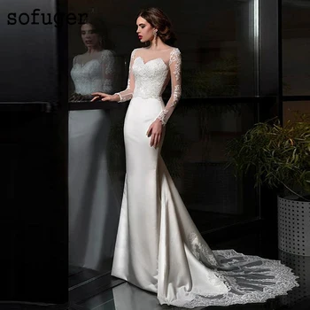 

Sofuge Satin Bateau Neckline Mermaid Wedding Dresses Lace Appliques Long Sleeves Bridal Robe De Mariee