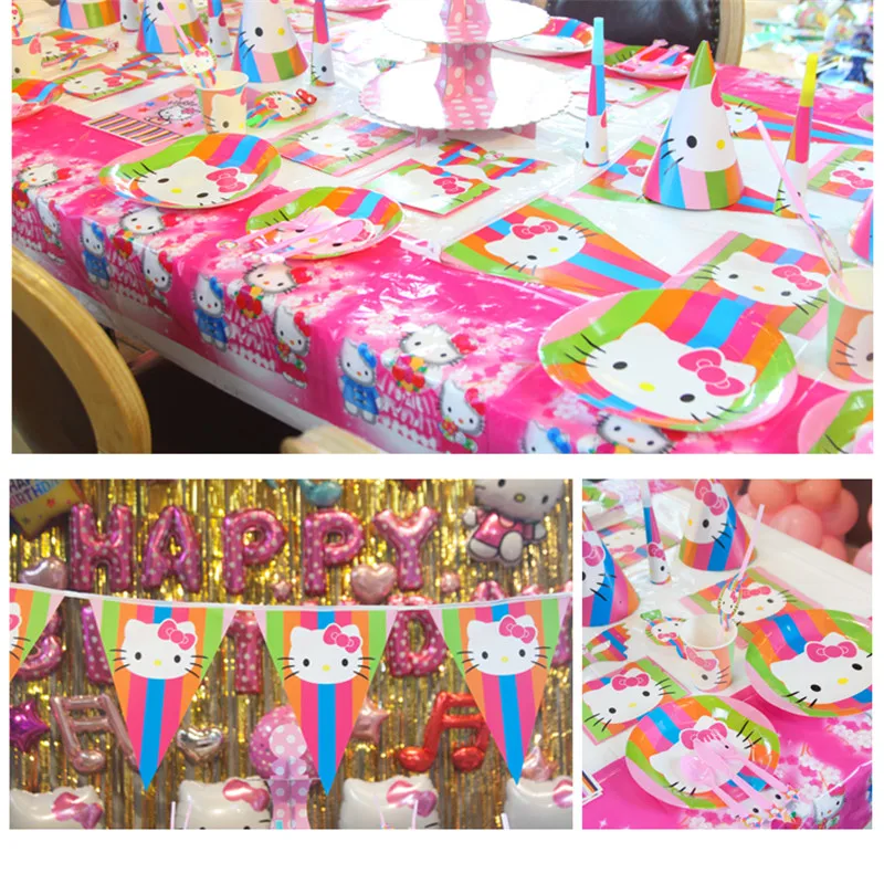 

Hello Kitty Theme Cup Plate Straw Gift Bag Wedding Girl Birthday Party Cute Horn+Invitation Card+Banner Decoration Supply 65Pcs
