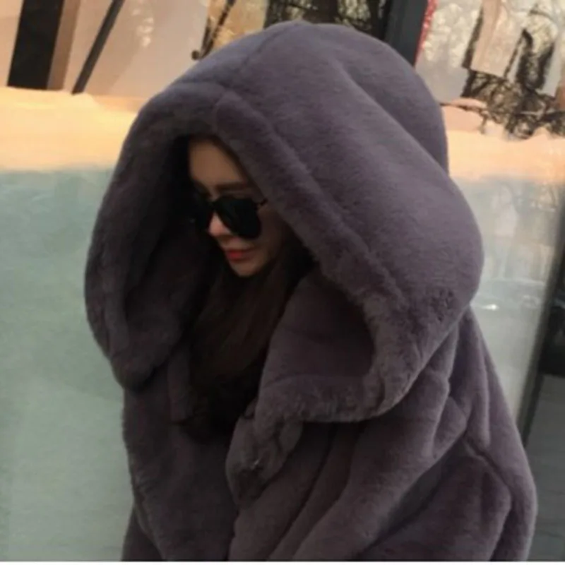 Winter Warm hooded Large size Medium length Solid color Fur & Faux Fur Women 2018 New Casual Long sleeve Women Fur coat LH335