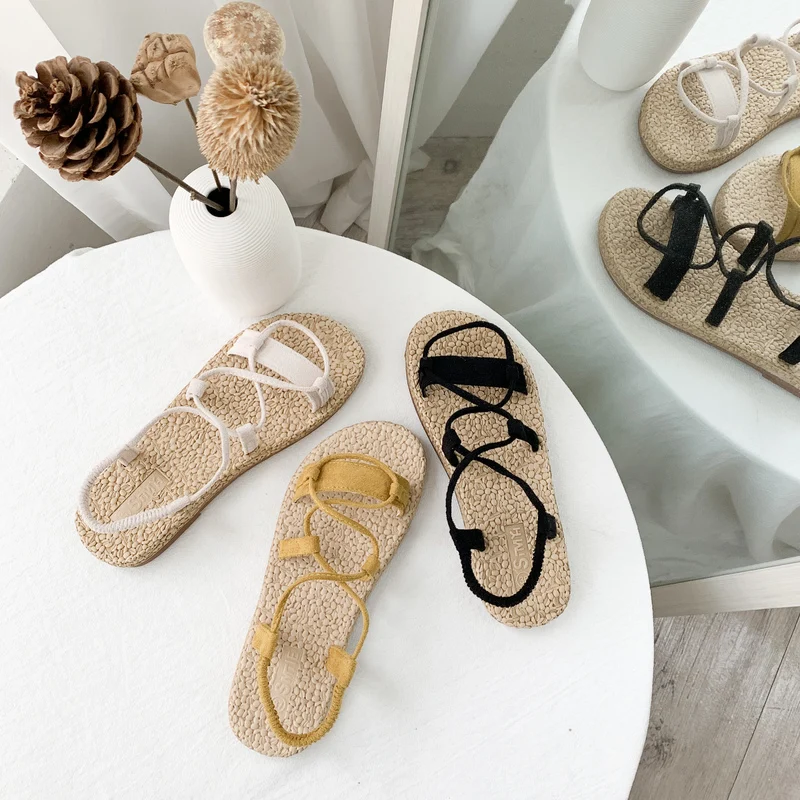 Sandals Straps All-Match Black Shoes For Women Cross Slippers 2019 Women's Crocs-shoes Lace Up Sandals Beige Velvet Low Fashion