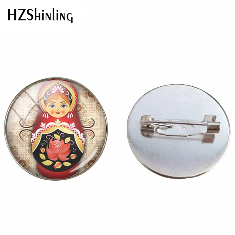 

Tradition Russian Doll Glass Cabochon Brooch Matryoshka Handmade Russian Dolls Glass Dome Silver 25mm Jewelry Pins