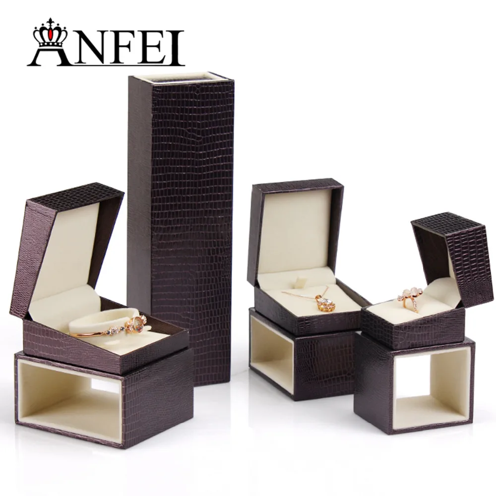 ANFEI Высокая Марка темно коричневый ящерица Striated Ring Box Подарочные коробки