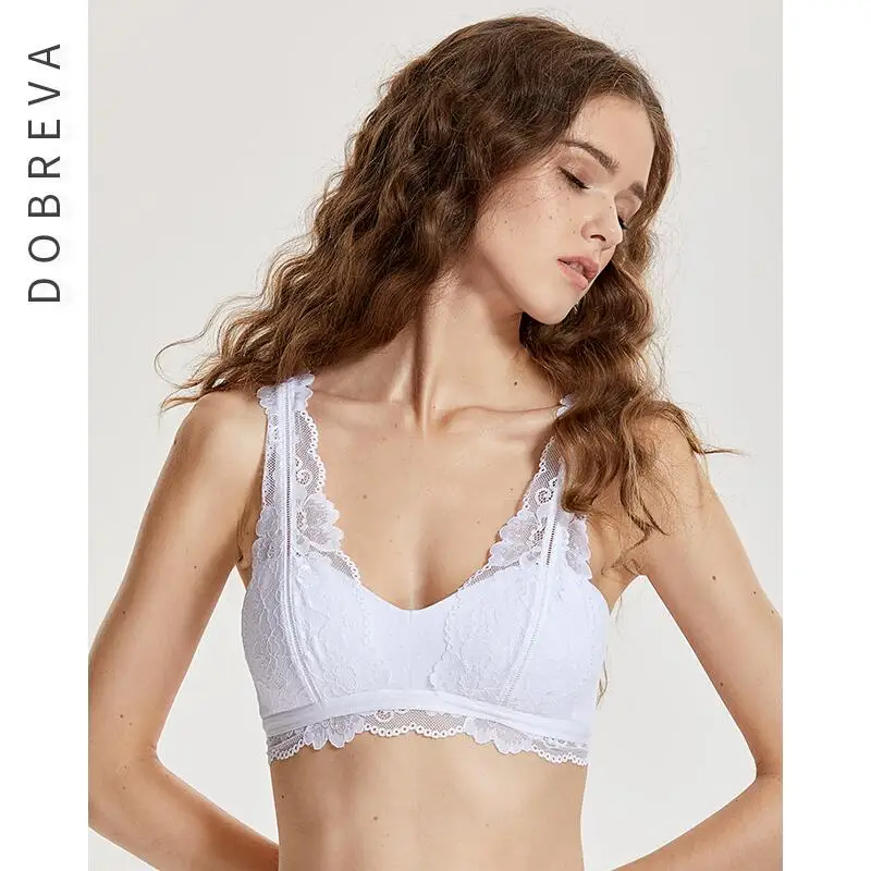 DOBREVA Women's Sexy Lace Bralette Plus Size Minimizer Bra Underwire Plunge  Unlined Bras