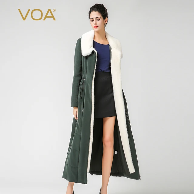 Best price at $1474 Cheap VOA European heavy silk mink collor long parkas dark green adjustable waist thick straight coat M7273