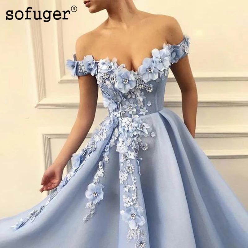 

Light Blue Sexy Off The Shoulder Flower A Line Evening Dress Pleat Robe De Soiree Plus Vestidos De Fiesta Formal Party Dress