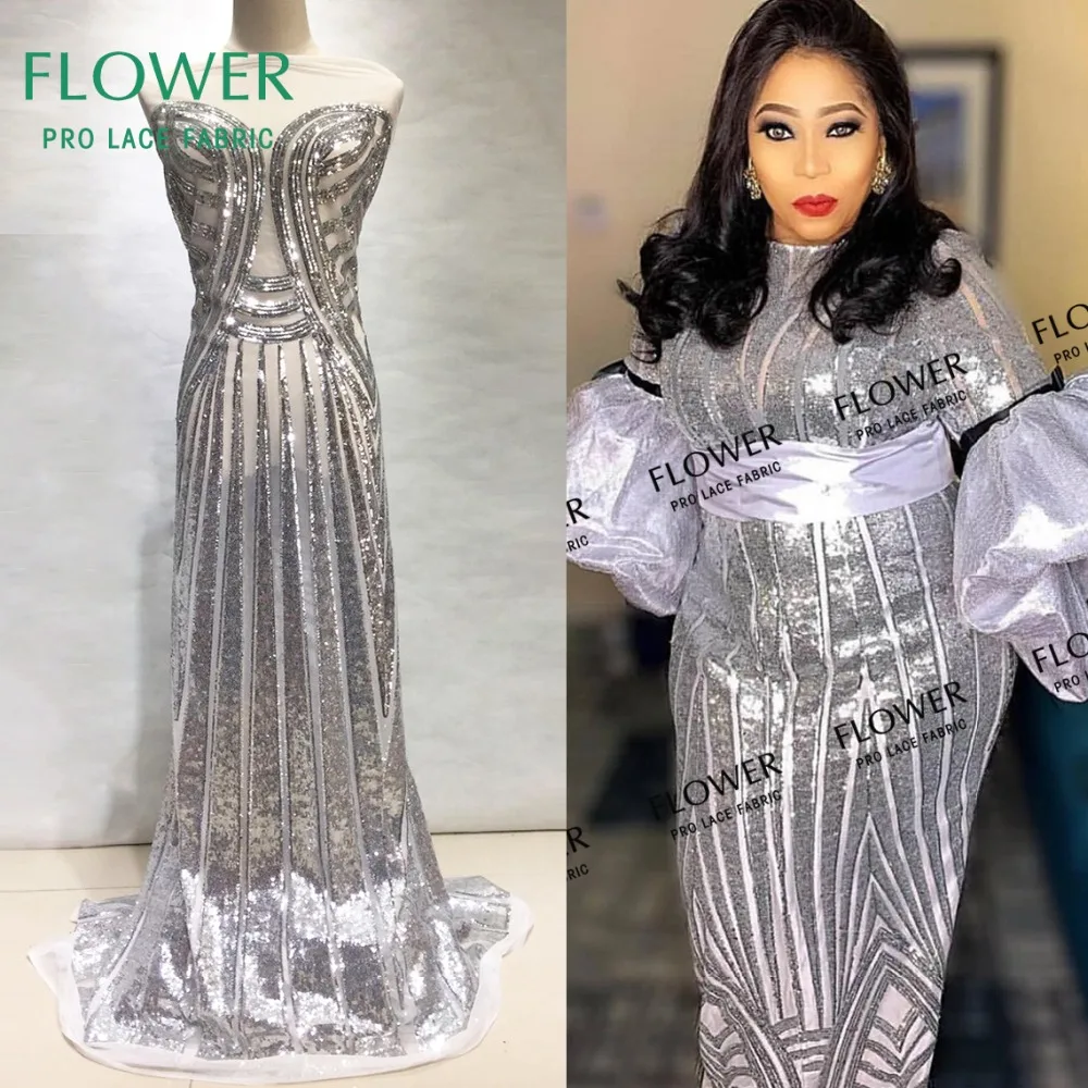 

Unique Sequined Mesh Net Lace Fabric In Silver Color Women Beautiful Dresses Sewing Materal African French Mesh Embroidery Laces