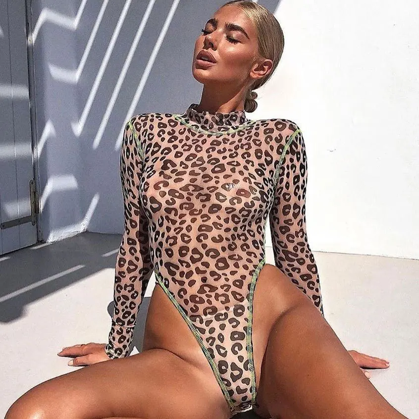 

Leotard transparent body feminine sexy hot cute onesies 2019 women's overalls V deep perspective