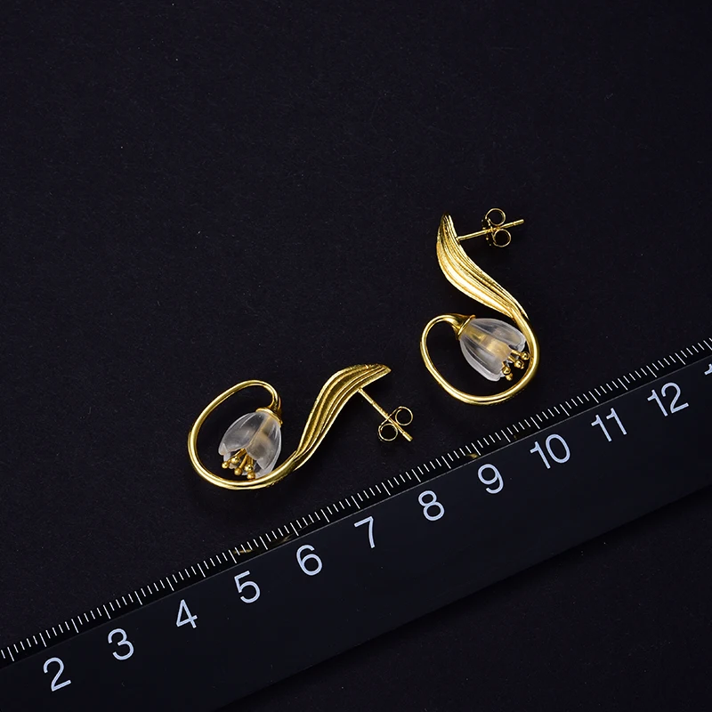 Lotus Fun Real 925 Sterling Silver Handmade Fine Jewelry Natural Crystal Gold Lily of the Valley Flower Drop Earrings for Women - Image 4