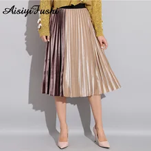 Бархат плиссированные юбки женские осень-зима долго лоскутное Высокая талия длинная юбка Женский A-Line Midi Офис юбка
