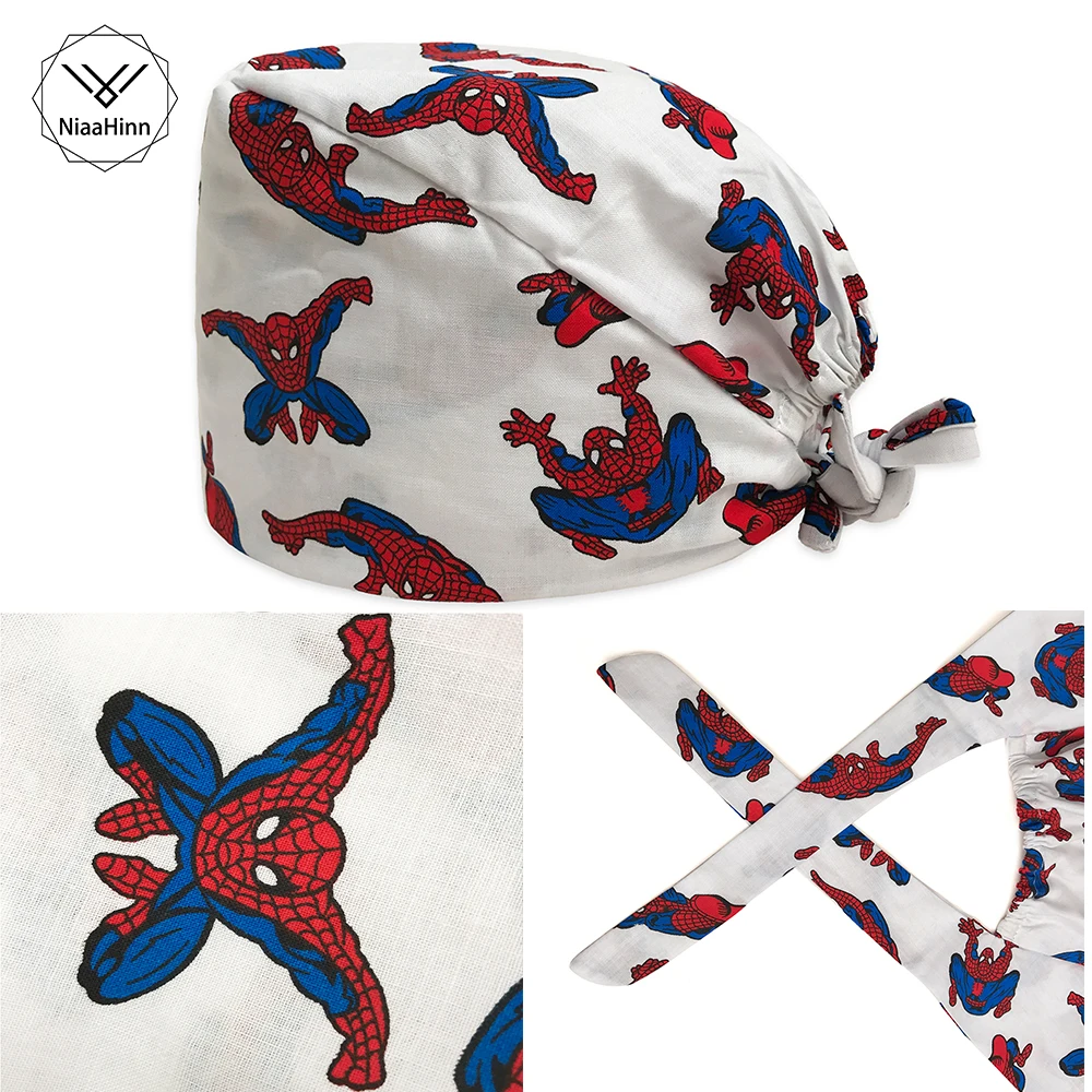 

Scrub Caps for men Women Hospital Medical Hats Spiderman Print Tieback Elastic Section 100% Cotton Surgical Caps New Arrival