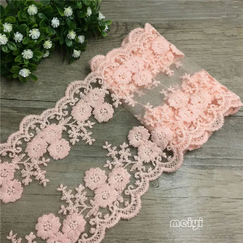 2 ярдов хлопка волнистый двойной Blossom Embroidered Кружева пришитую аппликация ленты ручной работы DIY Вышивание ремесло украшения - Цвет: Korea Pink