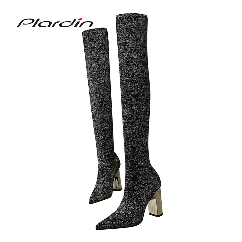 

Plardin New Winter Concise Fashion Woman Shoes Metal square heel women's Pumps Bling Wool Fabric Material over the knee Boots