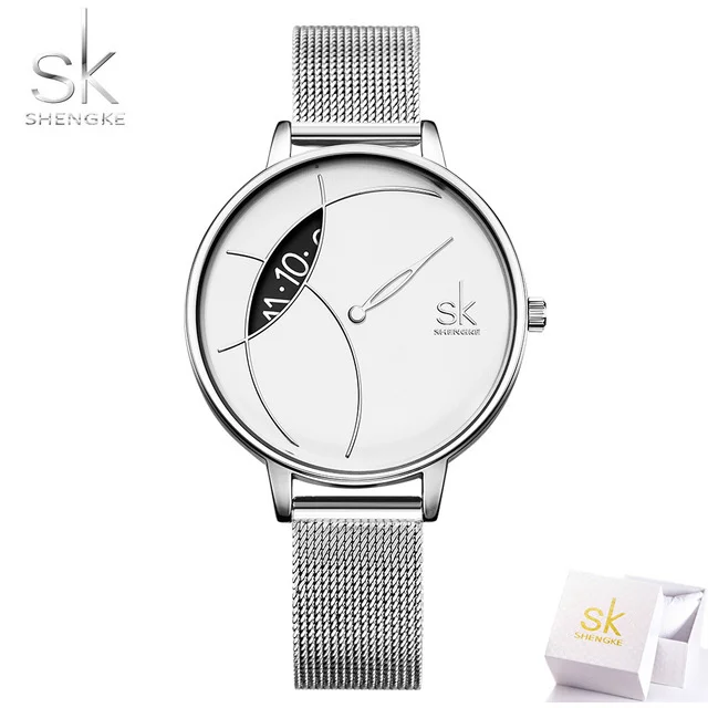 

Women Watch Shengke Brand Luxury Fashion Casual Unique Lady Wrist Watch Silver Mesh Quartz Waterproof Stylish Relogio Feminino