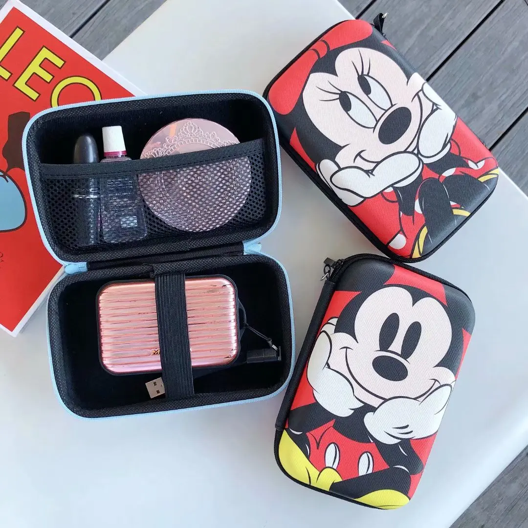 

Cartoon mickey Zipper Headphone Case Portable Earbuds box PU Leather mobile power Bag Protective USB Cable Organizer Coin Purse