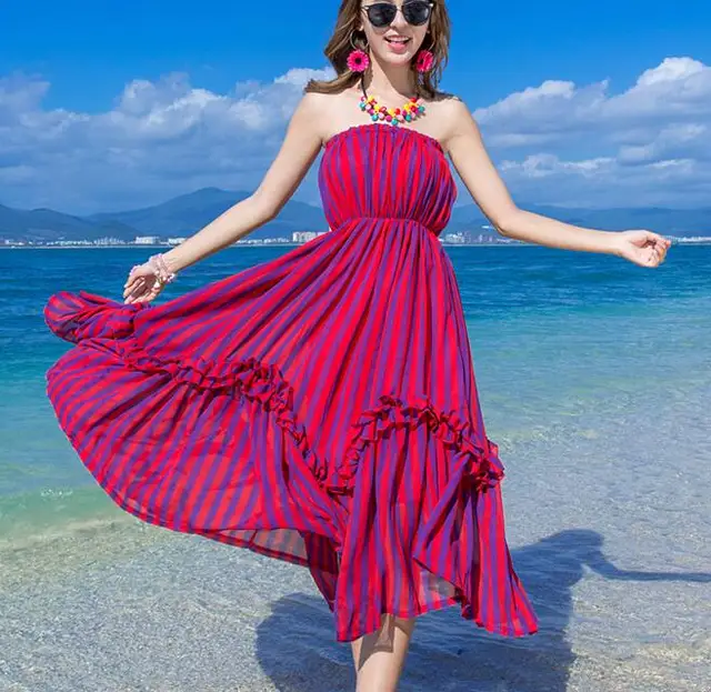 New!2016 Fashion Women Chiffon Striped Beach Dress Casual Summer Long ...