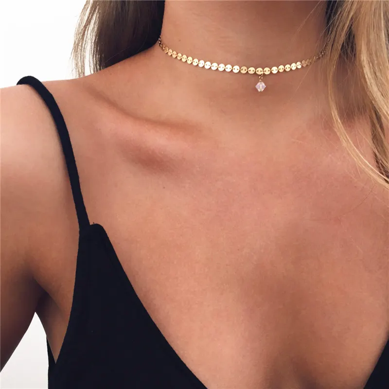 

Gold color Sequin Choker Necklace for women Short crystal Pendant Chain Necklaces & Pendants chokers Fashion Jewelry