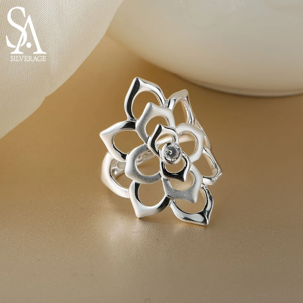 

SA SILVERAGE 925 Sterling Silver Flower Wedding Adjustable Rings for Women Fine Jewelry Trendy Silver Big Women Open Rings
