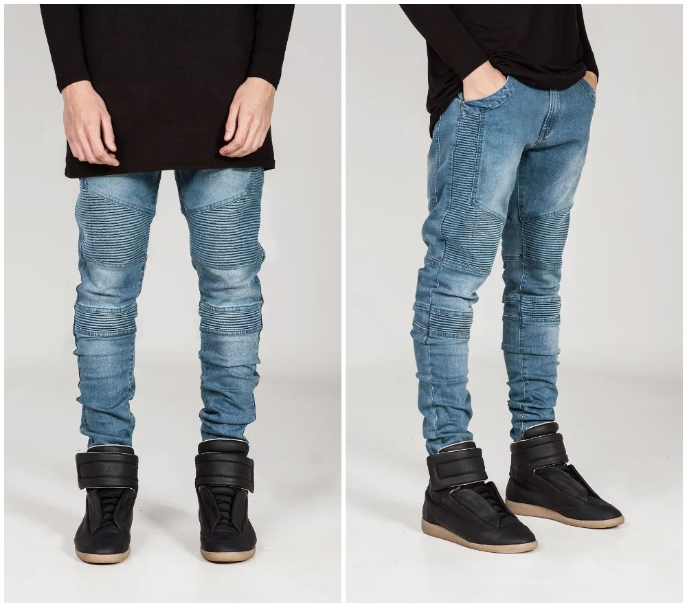 

Mens Skinny jeans men 2016 Runway Distressed slim elastic jeans denim Biker jeans hiphop pants Washed black jeans for men blue