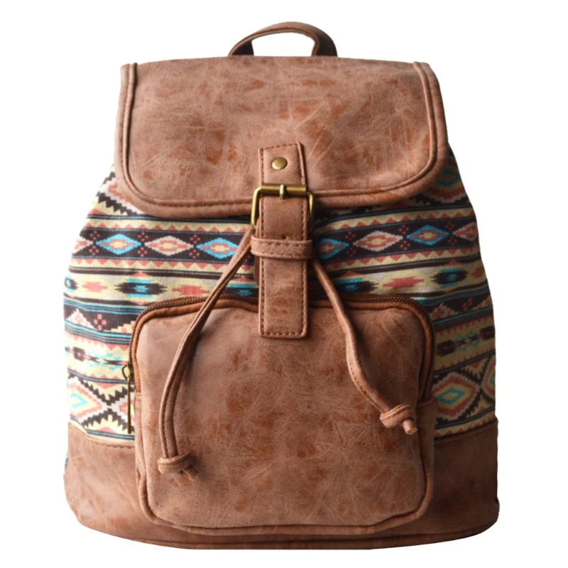 Women Print Drawstring Backpack Vintage Canvas Casual Daypack Girls