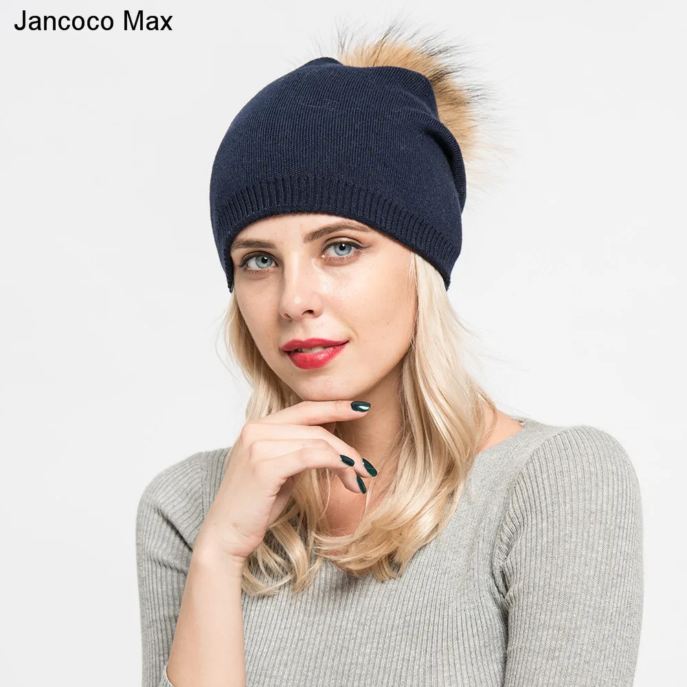 Jancoco Max 2019 зимние женские шапки с помпоном из натурального меха енота высокого