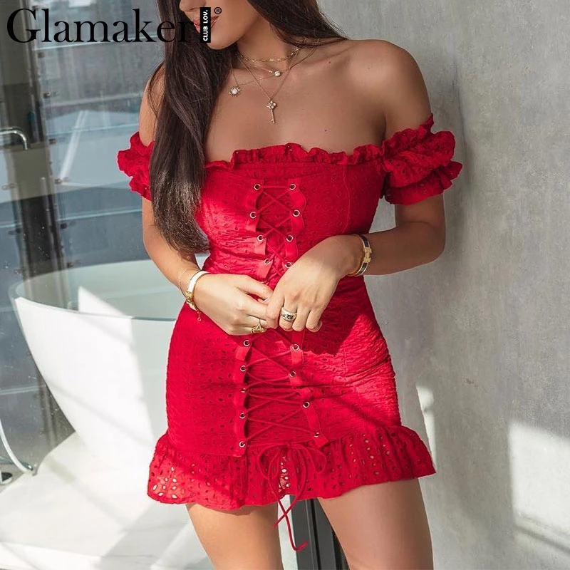 Женское короткое пляжное платье Glamaker Красное Облегающее в горошек с оборками