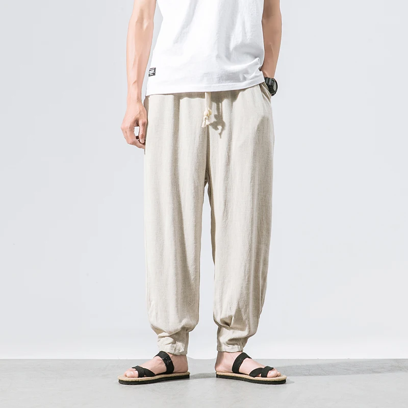 

New Men's Fashion plus size China wind cotton and linen trousers summer loose wide leg pants thin leisure Haren pants