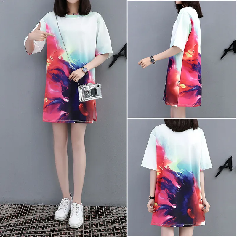Fashion Summer Oversized Loose Dress Women Plus Size O Neck Half Sleeves Printed Casual T Shirt Dress Streetwear Mini Dress