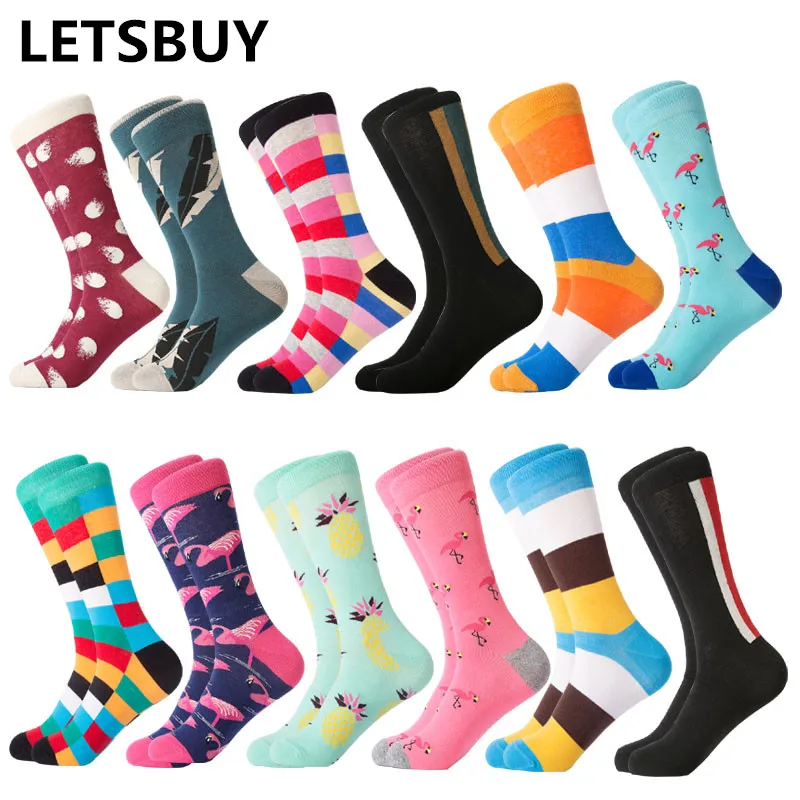 

LETSBUY 12 pairs / lot Classic Colorful For Men's combed cotton socks New Fruit geometric animal print Casual dress Funny Socks