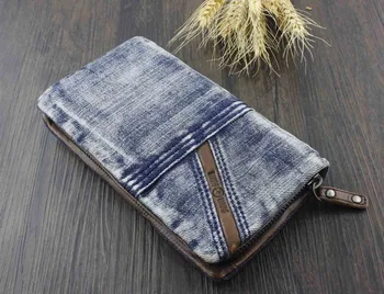 

Mens Vintage Biker Trucker Jean Denim And Leather Zip Wallet Purse Handbag New