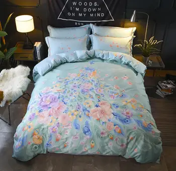 

Bohemia Bedding Sets King Queen Size 4Pcs Peacock Flowers Printed Duvet Cover Set Flat Sheet Pillowcase Cotton Home Decoration