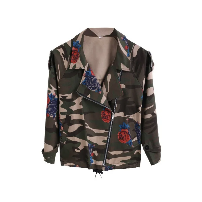 

Bat sleeve Vintage Army Green camo denim jacket coat Rose Print Camouflage women Jeans coat FS0027