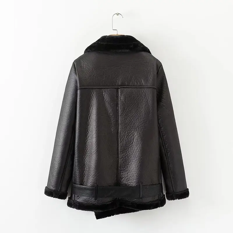 Fitaylor Hiver Faux Agneau Veste En Cuir Femmes Faux Cuir Agneaux Laine Col De Fourrure Veste En Daim Manteaux Femme Chaud Épais Survêtement - 5