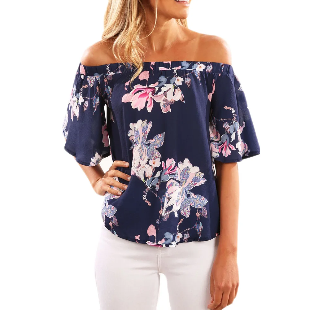 Women Off the shoulder Shirts Printed Flower Chiffon Blouse Short Sleeve Summer Casual printed
