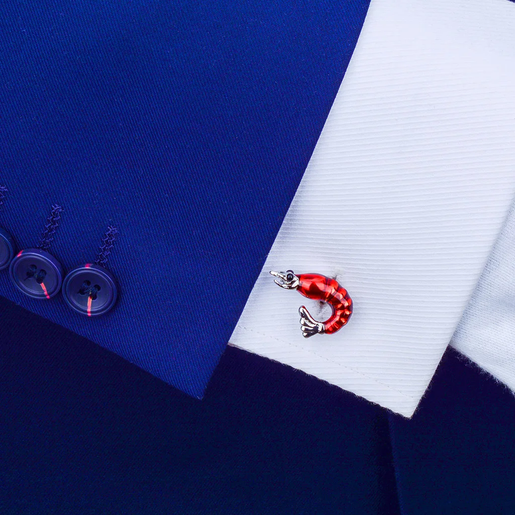 Phenovo 3D Red Shrimp Lobster Animal Brass Cufflinks Funny Mens Cuff Links Jewelry cube design cufflinks for mens Tie Clips 