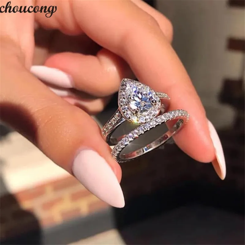 

choucong Lovers Promise Ring set Pear cut 5A Zircon Stone 925 Sterling Silver Engagement Wedding Band Rings for women Jewelry