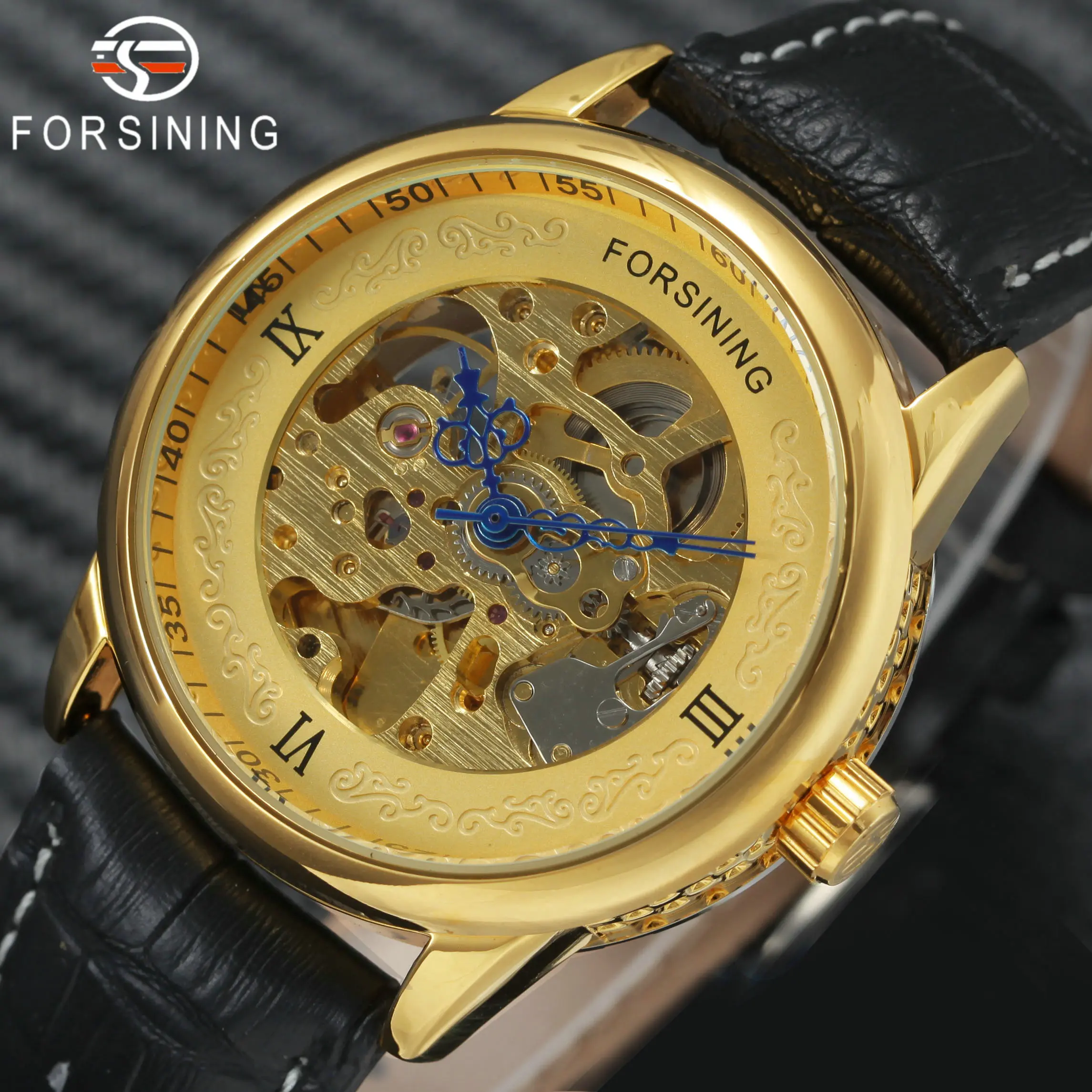 

FORSINING Royal Golden Auto Mechanical Watch Men Leather Strap Skeleton Dial Blue Hands Casual Mens Watches Top Brand Luxury