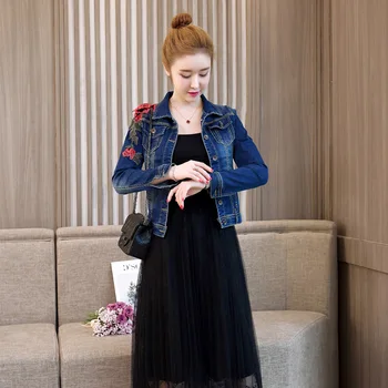 

Women streetwear floral embroidery short denim jacket plus size 2XL