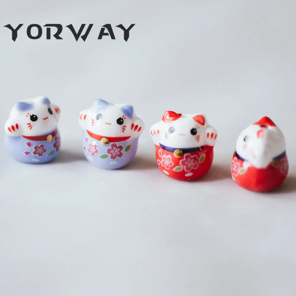 10 шт./лот фарфор Lucky бусины кошка 19 мм, керамика Maneki Neko, просверленные через Kawaii кошки, синий красный(80153