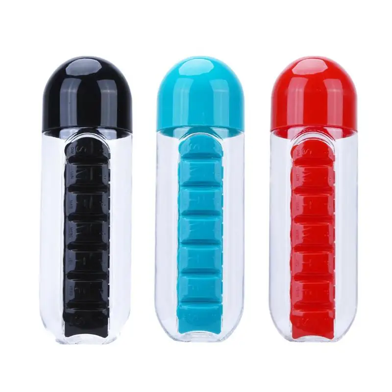 

2 in 1 600ML Sport Water Bottle with 7 Grids Daily Pill Box Holder Medicine Organizer Outdoors Drinking Bottles Holder