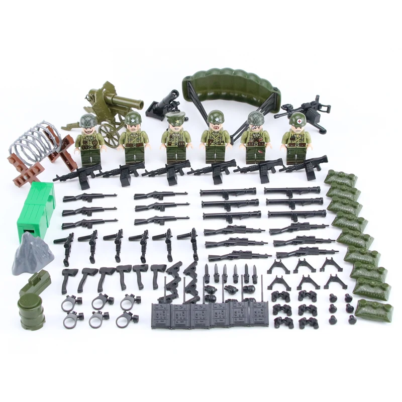 

6PCS WW2 USA Army Soldiers Building Blocks Paratroopers counterattack military figures weapon Building Blocks Toys For Children