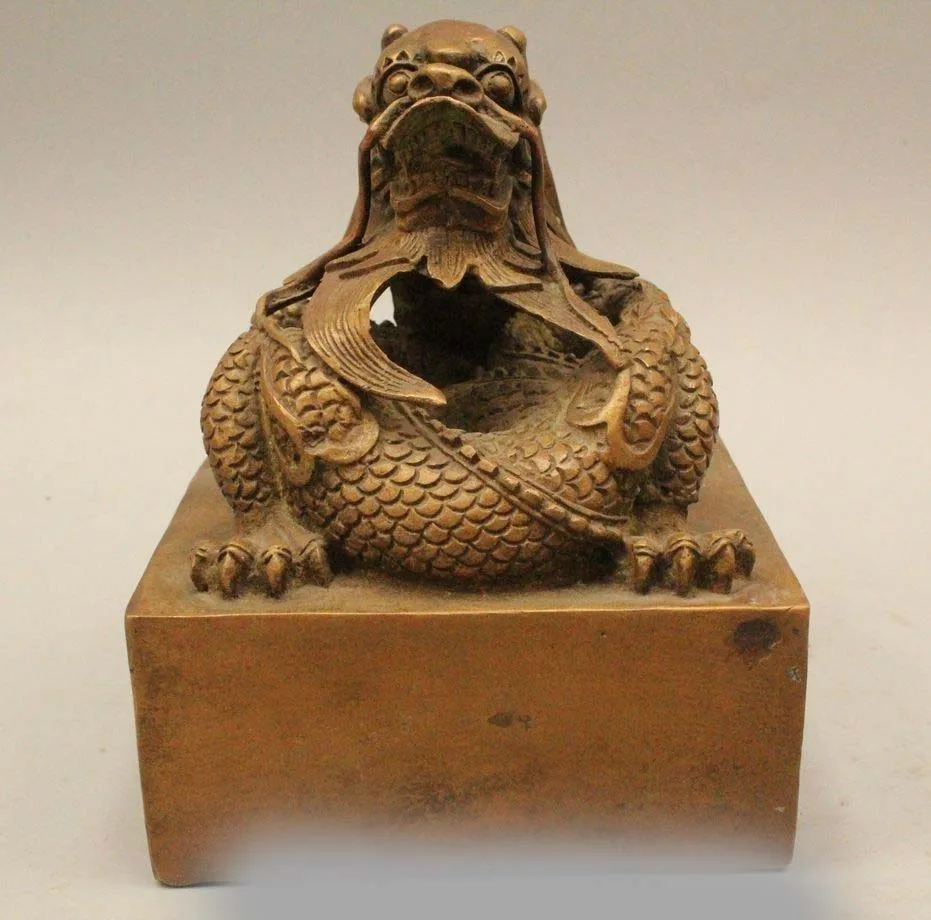 

6" Chinese Dynasty Bronze Dragon Beast Statue Flower imperial Seal Stamp Signet