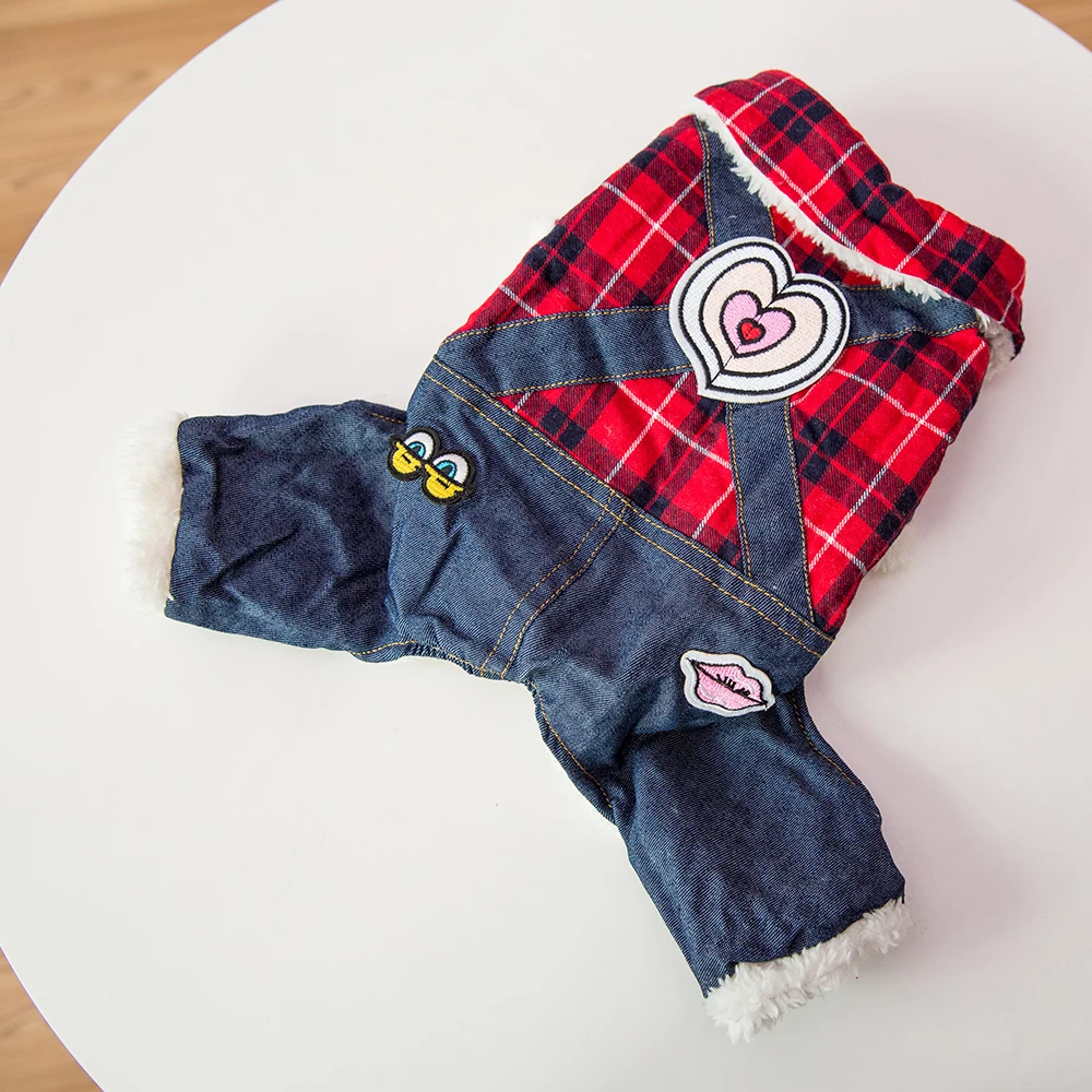 

Hipidog Thicken Pet Dog Cat Clothes Red Black Plaid Shirt Denim Jeans Heart Strap Pants Chihuahua York Winter Parkas Jumpsuits