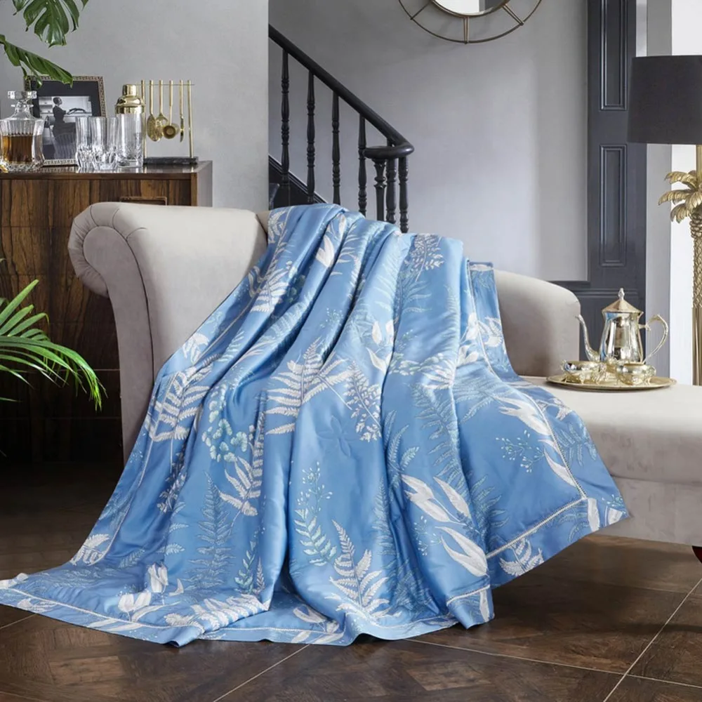 

2019 Pastoral Leaves Dark Blue Quilting Quilt Soft Stitching Modal Artificial Silk Polyester Filler Queen King Summer Comforter
