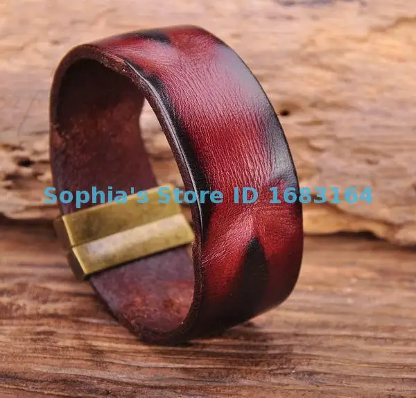 

G169 Brown Red Manual Vintage Texture Real Leather Bracelet Wristband Mens Wide Cuff